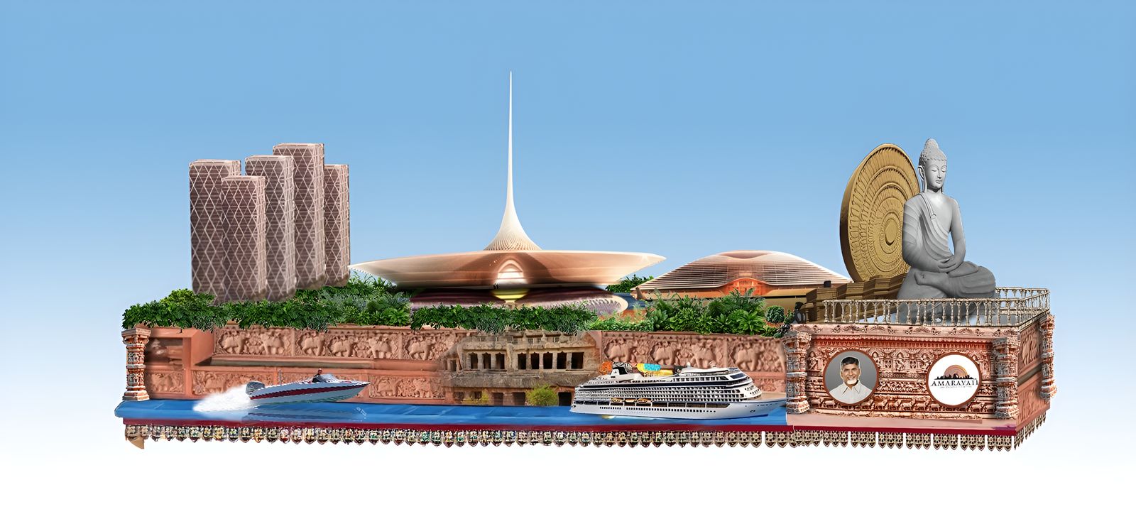 Amaravati capital city master plan concept render with government towers, Dhyana Buddha statue and riverfront