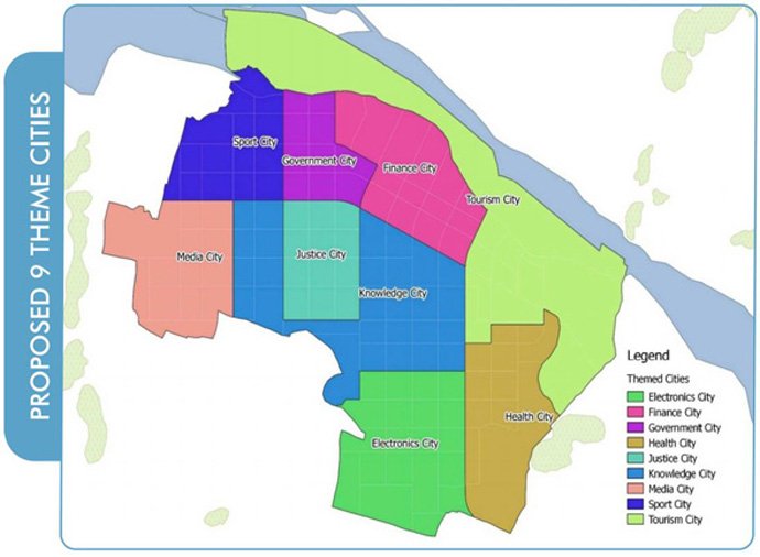 Map of Amaravati's nine proposed theme cities: Government, Finance, Justice, Knowledge, Health, Electronics, Sport, Media and Tourism City